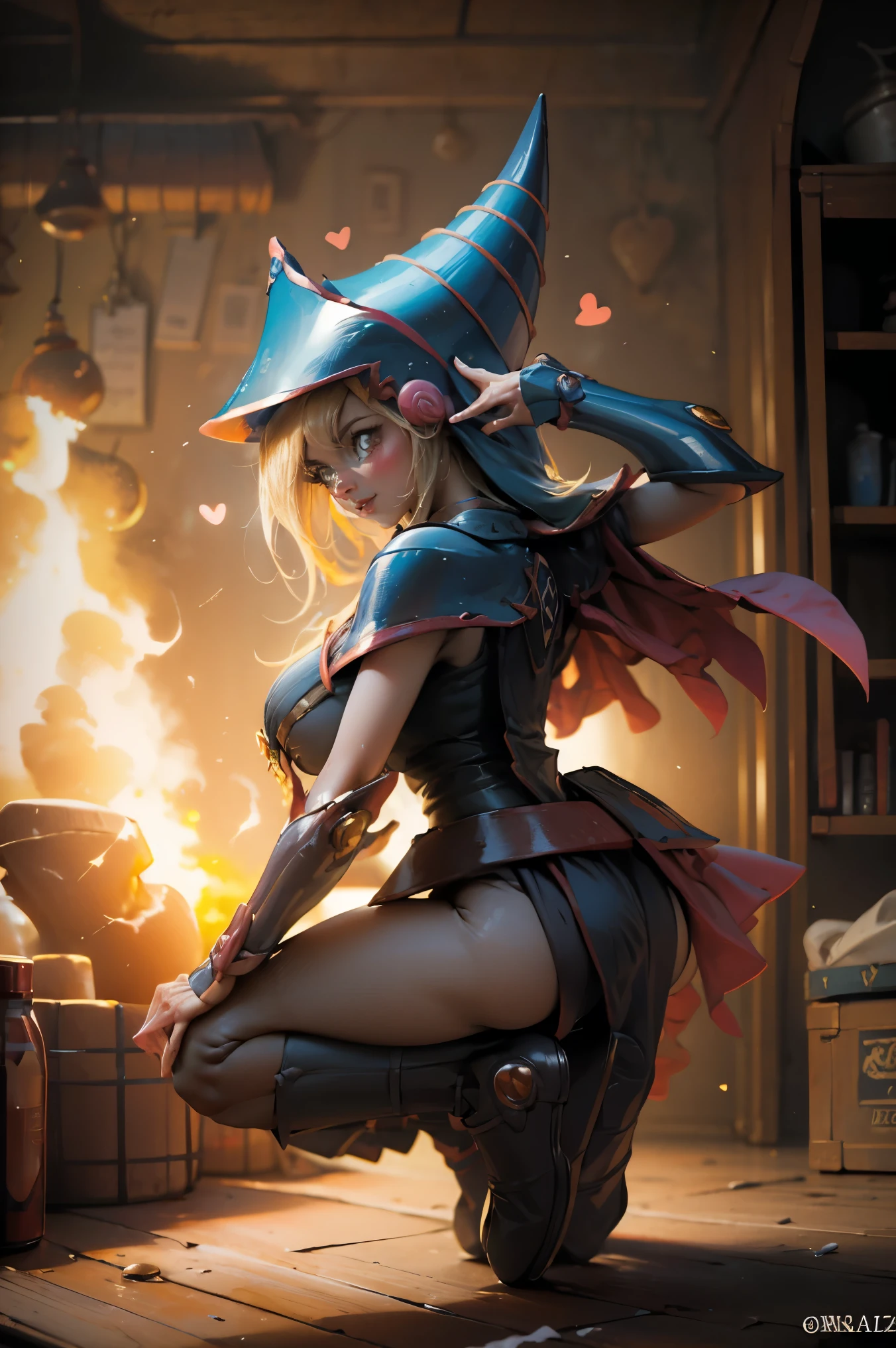 (Obra maestra:1.2), (La mejor calidad:1.2), perfect lighting, Chica Maga Oscura lanzando un hechizo, En sus veinte, flotando en el aire, tetas grandes, escote, bata azul, sombrero grande, desde arriba, Destellos, Yugioh juego, magic of the heart. luces del corazon, Romantic heart