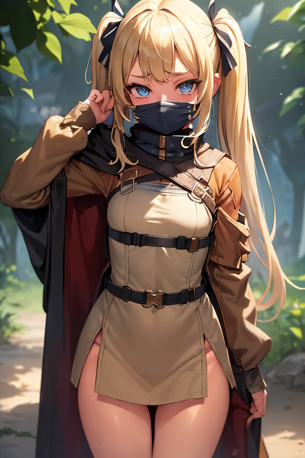 (Masterpiece, Best Quality:1.2), Cowboy shot, solo, 1girl, blonde hair, Vaisvale, long twin tails, blue eyes, covered mouth, tan mouth mask, tan cloak, tan adventuring gear, looking a viewer, twin tails, Spacer frame, steam, glistering slap, Wet, the sweat,
