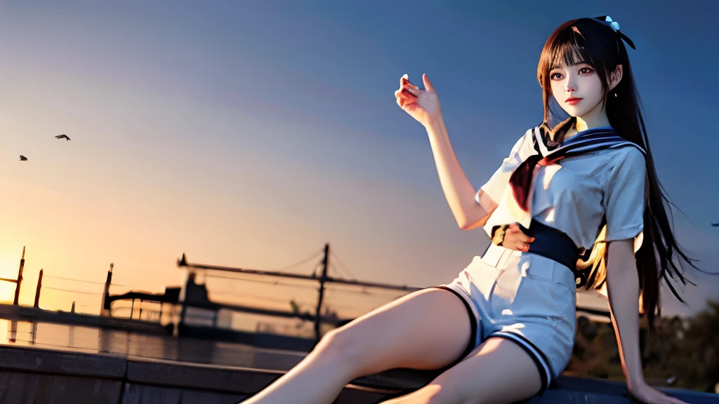 (Very delicate and beautiful:1.2)super model,,Big Breasts,Beautiful breasts,voluptuous,【bike shorts】,,【3girls】,,highest quality, High resolution, 8K,Sailor suit,Kick