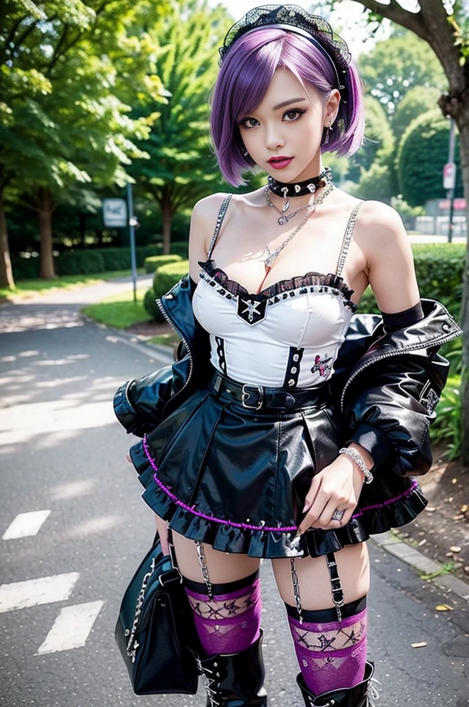 (nsfw), sexy stylish female model, only 1 female, ((doll-like appearance)), short purple stylish hair, ((shiny Punk-Style boots)), (big smile), ultra detailed eyes, Punk makeup, lipgloss, ((sexy Punk ta cosplay)), unconventional skirt, petticoats, high neckline, ((ultra detailed lace)), ((ultra detailed embroidery)), intricate details, tartan patterns, (silver chains), (silver spikes), (safety pins), Punk Loliccessoires, Punk Lolita cr, ((large sparkling Punk Lolita jewel, cinematic light, detailed large park background with trees 