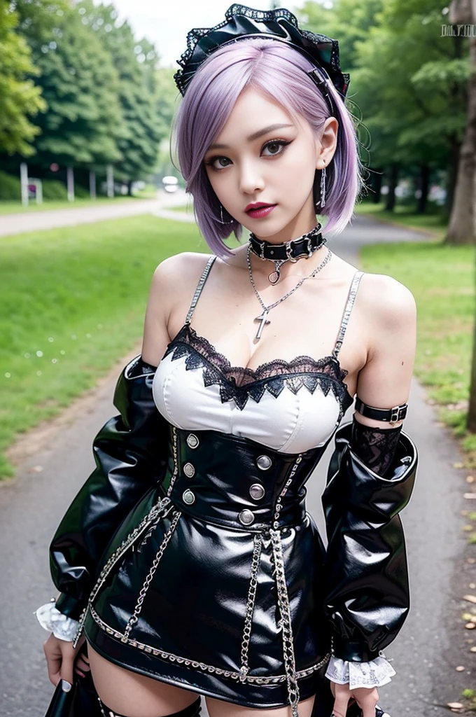 (nsfw), sexy stylish female model, only 1 female, ((doll-like appearance)), short purple stylish hair, ((shiny Punk-Style boots)), (big smile), ultra detailed eyes, Punk makeup, lipgloss, ((sexy Punk ta cosplay)), unconventional skirt, petticoats, high neckline, ((ultra detailed lace)), ((ultra detailed embroidery)), intricate details, tartan patterns, (silver chains), (silver spikes), (safety pins), Punk Loliccessoires, Punk Lolita cr, ((large sparkling Punk Lolita jewel, cinematic light, detailed large park background with trees