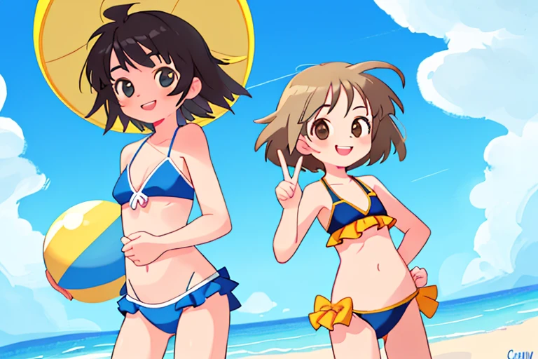 high resolution,high quality,Two Girls,Perfect body,Full face,Full Finger,Flashy Bikini,Short Hair,cowboy shot,horizontal line,barefoot,１Two Beach Balls,smile,looking at the camera,Blue sky,White cloud