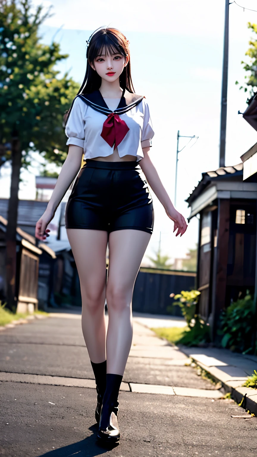 （Very delicate and beautiful：1.2）super model,,Big Breasts,Beautiful breasts,voluptuous,【bike shorts】,,【3girls】,,highest quality, High resolution, 8K,Sailor suit,Kick in a hurry