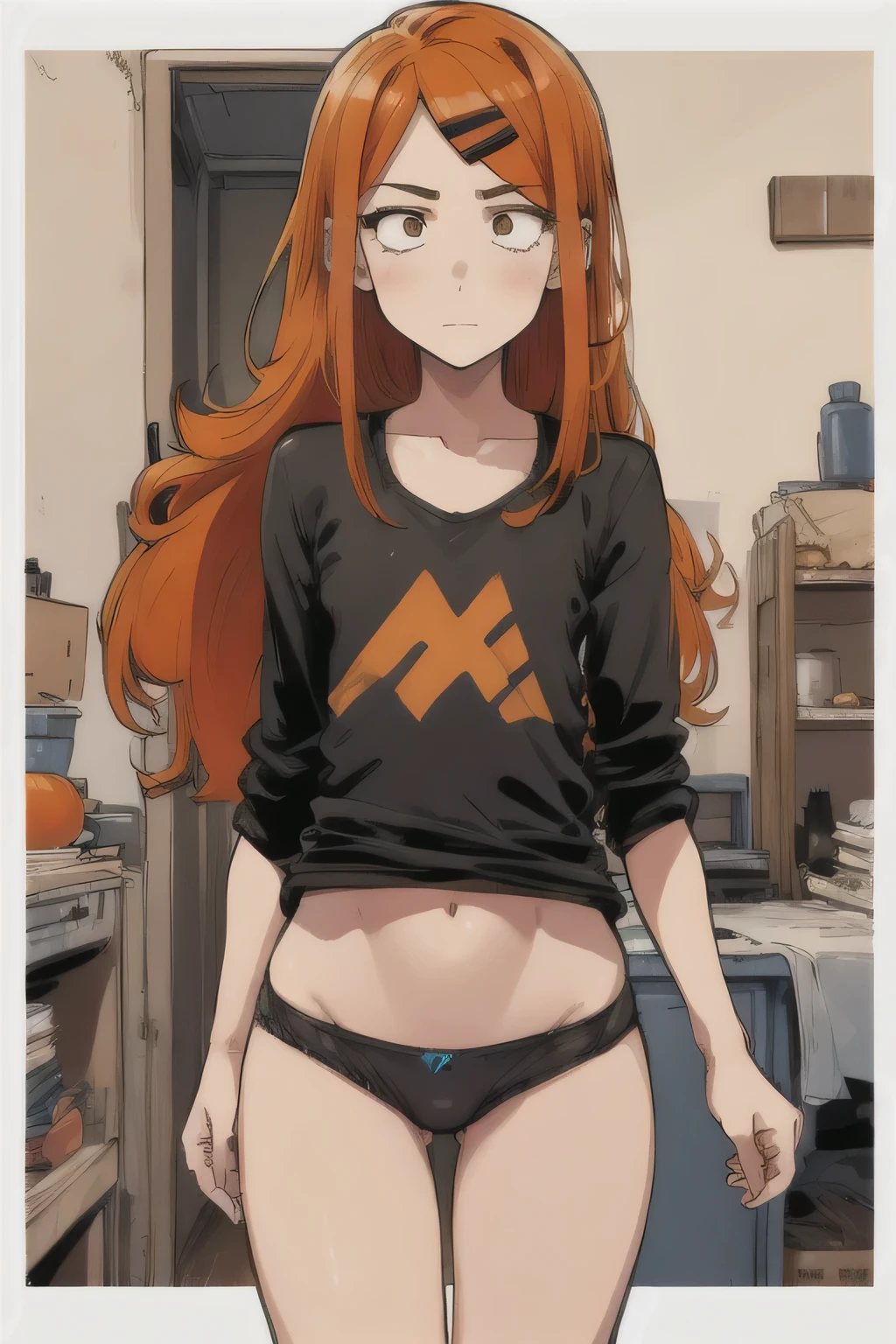 1 Girl, Zoey, (Heterochromia:1.3), (long hair), (dirty hair), orange hair ,Orange Underwear, magic hair,