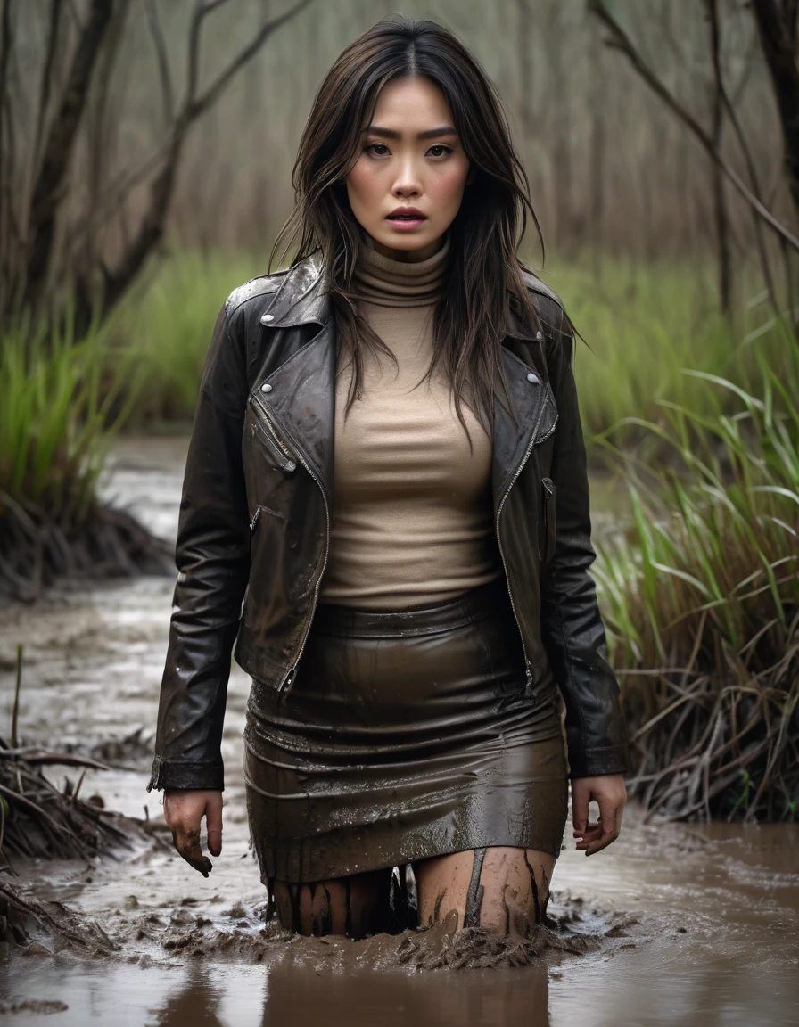 a woman struggling in a muddy swamp, depraved expression, long messy brunette hair, asian, stockings, muddy pencil skirt, muddy leather jacket, muddy beige turtleneck sweater, mature, (best quality,4k,8k,highres,masterpiece:1.2),ultra-detailed,(realistic,photorealistic,photo-realistic:1.37),dark moody lighting,dramatic shadows,gritty horror style, vegetation, green, red