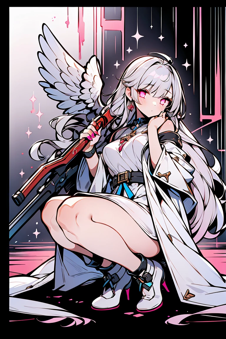 ((1 girl)), ((Angel)), smoking, bad, Rough poses, squat, neglect, fluffy, good, Untidy clothes, Shooting from a low angle,(Very detailed,highest quality, High resolution, Apathy, 8k wallpaper, Beautiful clothes,)),((Gray Hair, Long Hair,Straight hair)), eye shadow, eyeliner,Glow Eye, Very detailedな目, Beautiful Eyes, ((Glowing pink eyes)), 18-year-old girl,Five Fingers
