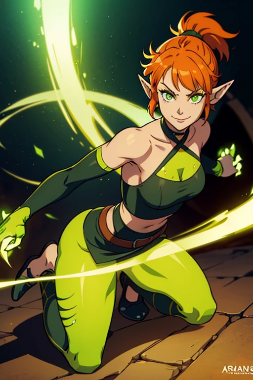 a woman, elf ears, ponytail hair, orange hair, short hair, glowing green eyes, assassin's clothing, claws, looking at viewer, marks on neck, holes in neck, smiling, full body view