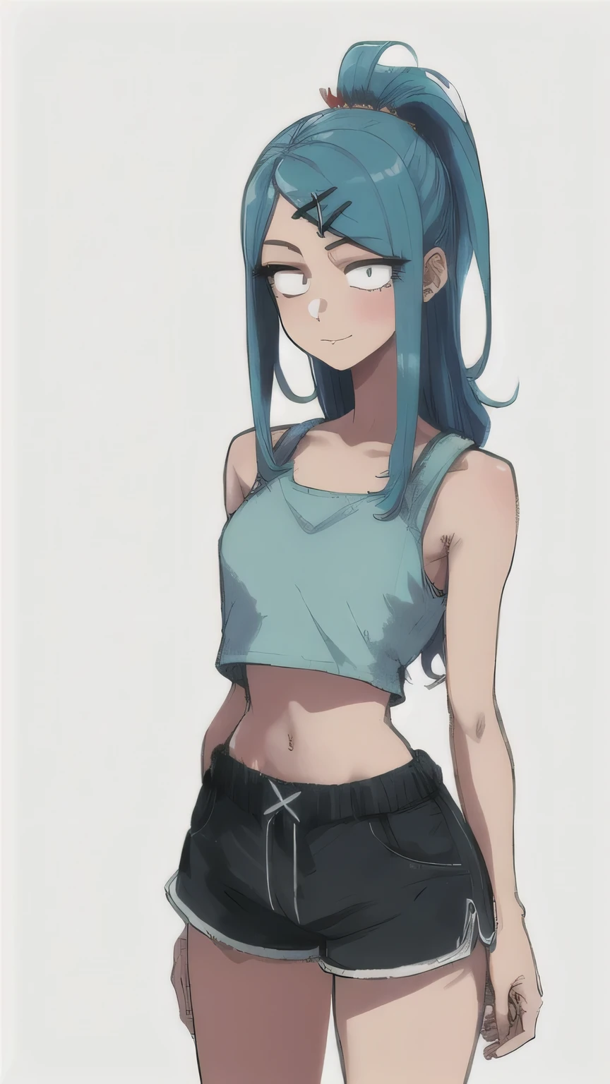 1 girl, blue hair, Drill hair, gwen \(League of Legends\), in dolphin shorts and crop top, hair ornament, Legends, long hair, X, X hair ornament, 