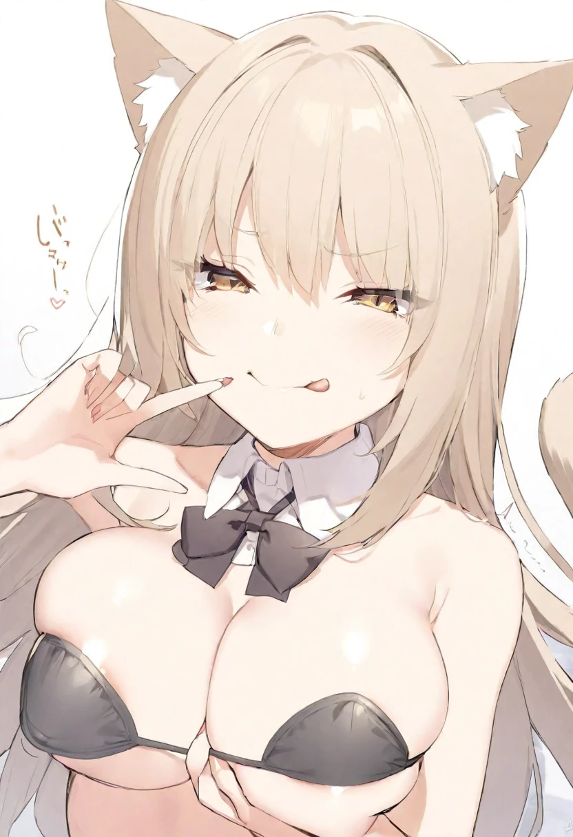 A anime girl, wearing only black panties, (squeezing boobs together), bare boobs, light brown hair, cat ears, sticking tongue out, teasing expression