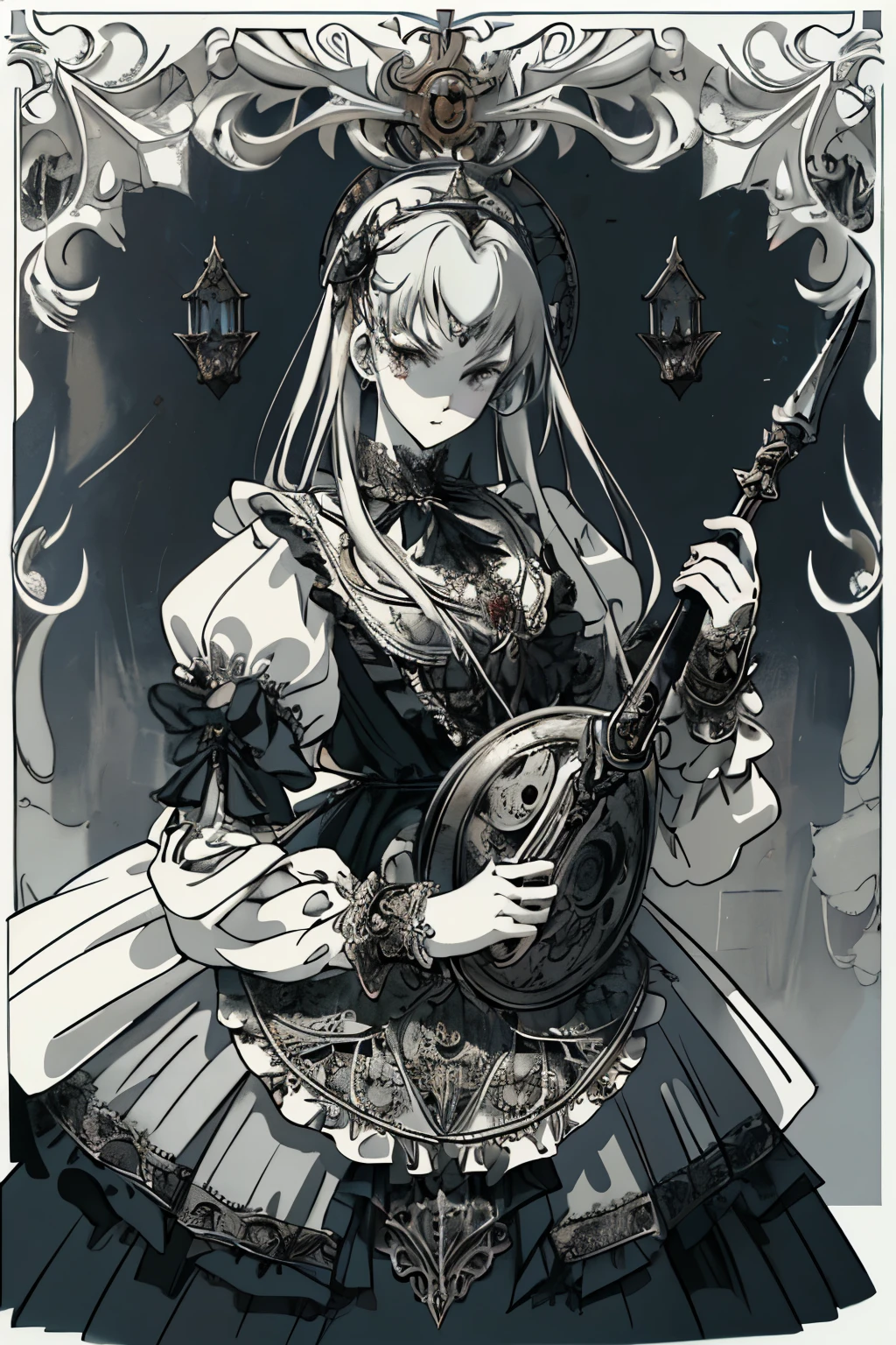 ((best quality)), ((masterpiece)), (detailed), perfect face ((best quality)), ((masterpiece)), (detailed), blank white background, plain background, white background, Bloodborne inspired, occult aesthetic, occult, detailed and intricate steampunk and detailed gothic, (zentangle, mandala, tangle, entangle), NSFW, torn clothing, Very dramatic and cinematic lighting, cosmic horror, grim-dark, side-lighting, perfect face, a beautiful goddess adorned and enshrined in armour, Bloodborne inspired , occult aesthetic , occult , detailed and intricate steampunk and detailed gothic , wielding a sword and holding a shield, NSFW, Fluttering lace flared short dress with frilly petticoats, knee length dress, pleated petticoats, lolita dress, petticoats gothic lolita, side-lighting, gothic lolita aesthetic, beautiful small breasts, small breasts, full body, whole body, body, plain background, white background, blank background, no background, white background NSFW, full body, whole body, head-to-toe