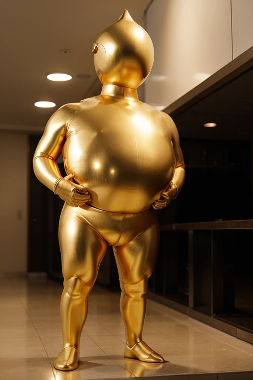Create an image of a short, plump man standing in a gold suit with short arms and short legs.