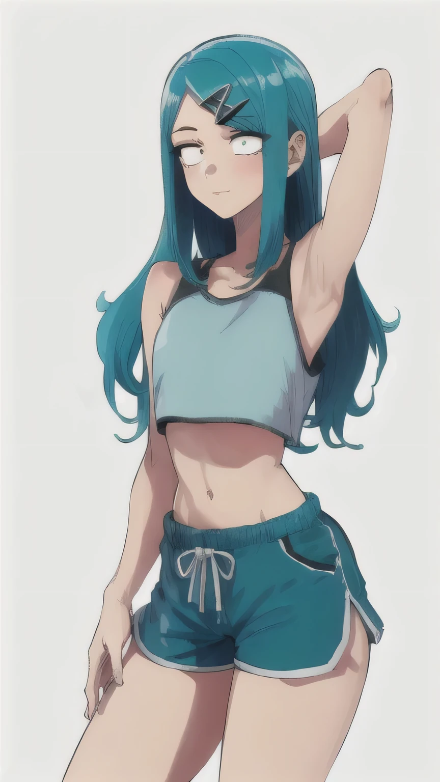 1 girl, blue hair, Drill hair, gwen \(League of Legends\), in dolphin shorts and crop top, hair ornament, Legends, long hair, X, X hair ornament, 