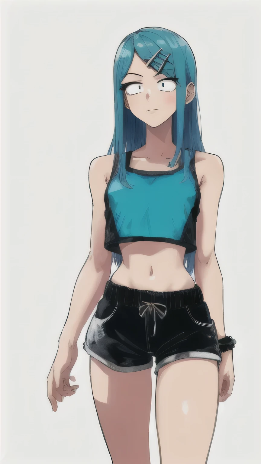 1 girl, blue hair, Drill hair, gwen \(League of Legends\), in dolphin shorts and crop top, hair ornament, Legends, long hair, X, X hair ornament,