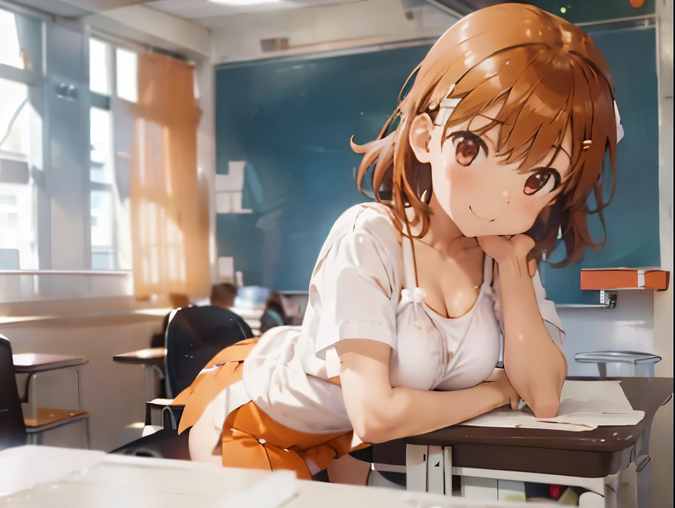 classroom、on the desk、A cute light orange bra、A cute white thong showing through a cute light orange mini skirt、barefoot、Raw milk、Beautiful breasts、Girl peeing during orgasm、