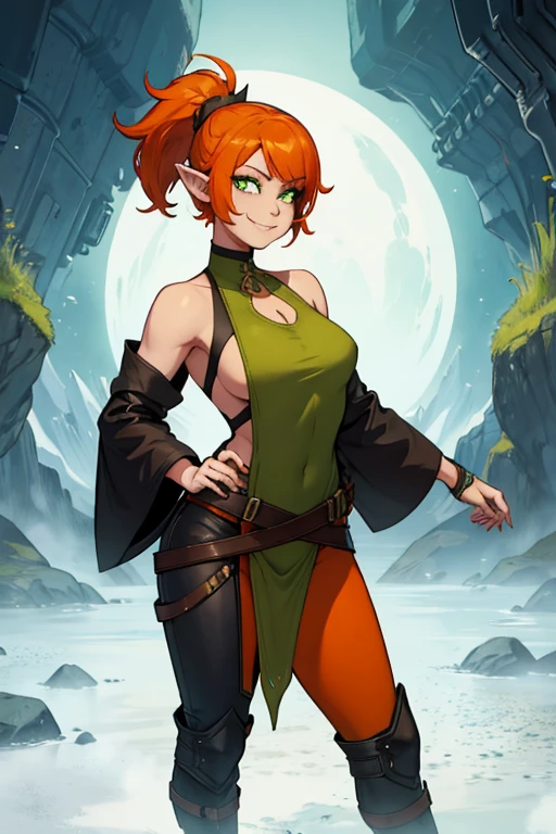 a woman, elf ears, ponytail hair, orange hair, short hair, glowing green eyes, assassin's clothing, claws, looking at viewer, marks on neck, holes in neck, smiling, full body view