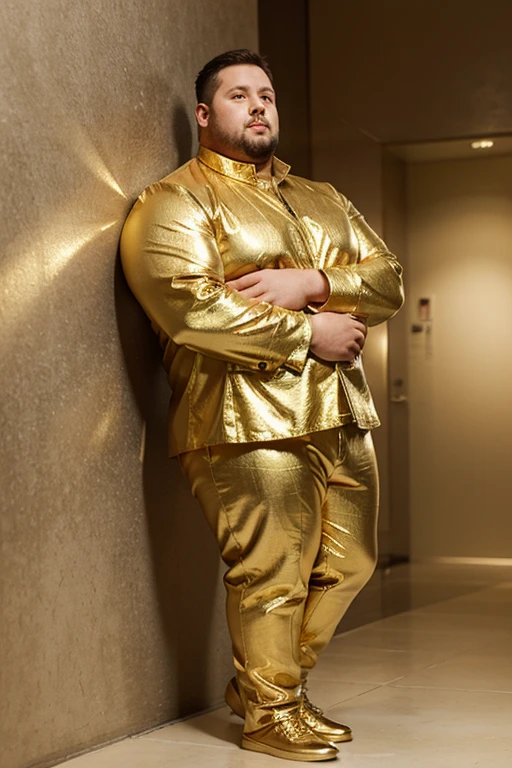 Create an image of a short, slightly overweight man standing in a gold suit with short arms and short legs. 