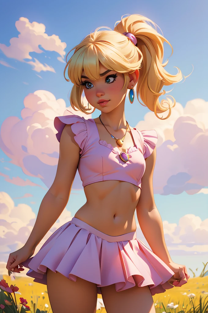 (best quality,4k,highres,ultra-detailed,realistic:1.2), woman, small breasts,short blond  hair with a pigtail and bangs,  flat abs, raimbow magical girl outfit, magical girl cosplay, manga cosplay, super mario world, fantasy world, prairie, foret, , earrings , necklace out, fantasy manga