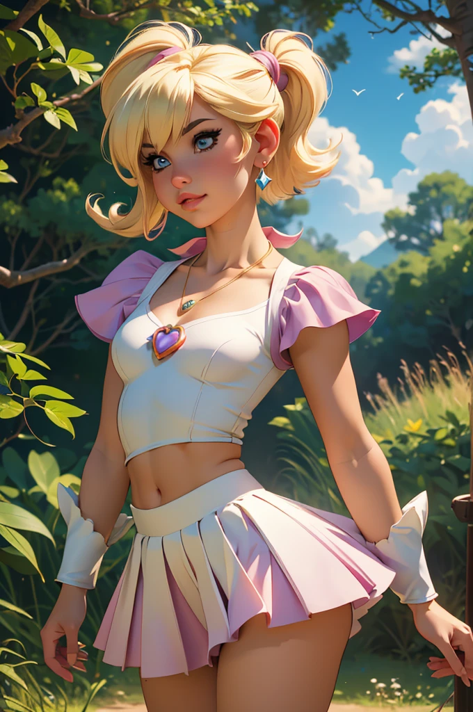 (best quality,4k,highres,ultra-detailed,realistic:1.2), woman, small breasts,short blond  hair with a pigtail and bangs,  flat abs, raimbow magical girl outfit, magical girl cosplay, manga cosplay, super mario world, fantasy world, prairie, foret, , earrings , necklace out, fantasy manga