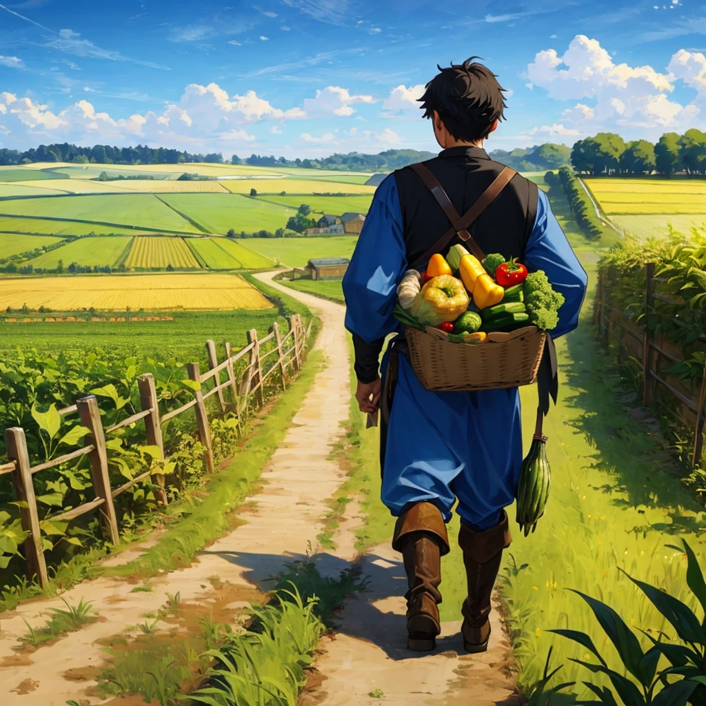 a wide cornfield with a black haired faceless boy walking back home with farmer medieval outfit, holding vegetables in the afternoon 