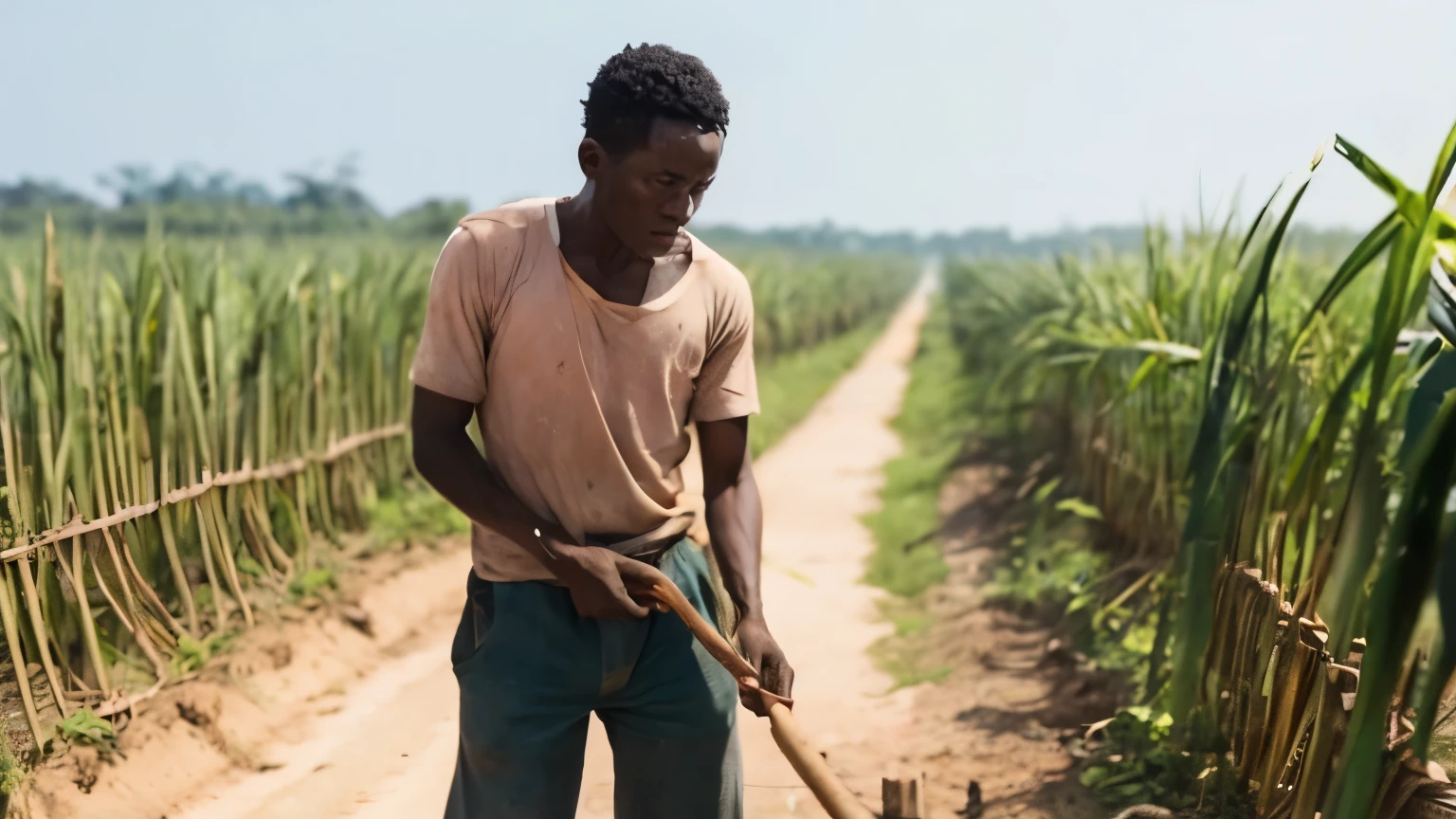 black man, working on a plantation, sugar cane, very sad, tears, crying