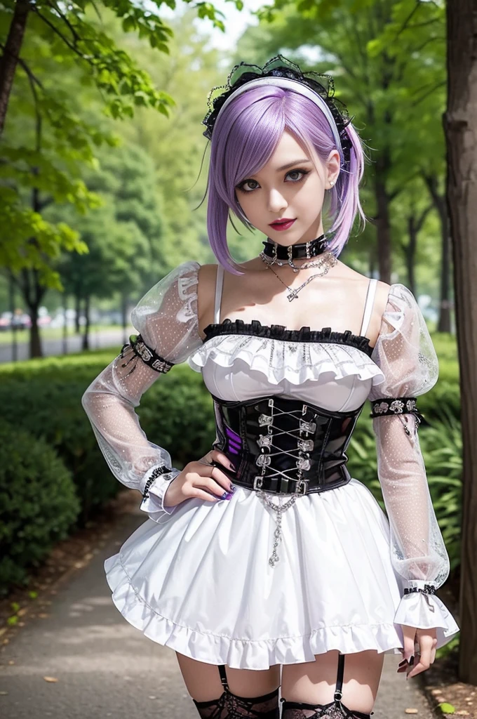 (nsfw), sexy stylish Swedish model, only 1 female, ((doll-like appearance)), short purple stylish hair, ((shiny Punk-Style boots)), (big smile), ultra detailed eyes, Punk makeup, lipgloss, ((sexy Punk ta cosplay)), unconventional skirt, petticoats, high neckline, ((ultra detailed lace)), ((ultra detailed embroidery)), intricate details, tartan patterns, (silver chains), (silver spikes), (safety pins), Punk Loliccessoires, Punk Lolita cr, ((large sparkling Punk Lolita jewel, cinematic light, detailed large park background with trees