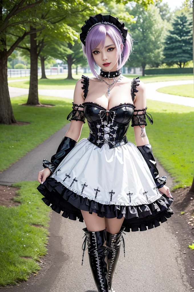 (nsfw), sexy stylish Swedish model, only 1 female, ((doll-like appearance)), short purple stylish hair, ((shiny Punk-Style boots)), (big smile), ultra detailed eyes, Punk makeup, lipgloss, ((sexy Punk ta cosplay)), unconventional skirt, petticoats, high neckline, ((ultra detailed lace)), ((ultra detailed embroidery)), intricate details, tartan patterns, (silver chains), (silver spikes), (safety pins), Punk Loliccessoires, Punk Lolita cr, ((large sparkling Punk Lolita jewel, cinematic light, detailed large park background with trees