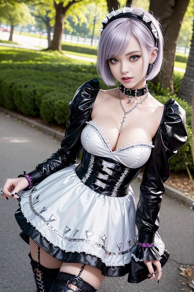 (nsfw), sexy stylish Swedish model, only 1 female, ((doll-like appearance)), short purple stylish hair, ((shiny Punk-Style boots)), (big smile), ultra detailed eyes, Punk makeup, lipgloss, ((sexy Punk ta cosplay)), unconventional skirt, petticoats, high neckline, ((ultra detailed lace)), ((ultra detailed embroidery)), intricate details, tartan patterns, (silver chains), (silver spikes), (safety pins), Punk Loliccessoires, Punk Lolita cr, ((large sparkling Punk Lolita jewel, cinematic light, detailed large park background with trees