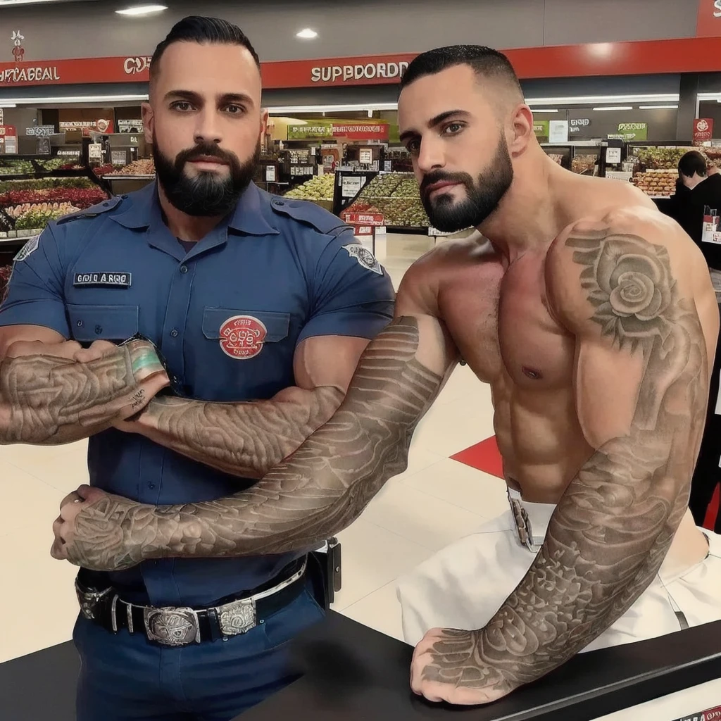 ((best quality)), ((masterpiece)), (detailed), male, perfect face, blonde beard, tattooed, ripped, police officer, showcasing perfect biceps, squeezing hands together, veins pumping, Bodybuilder size, tight sixpack abs, wearing black jeans with a cop belt, wearing a black unbuttoned shirt showcasing beautiful tattoos and sixpack, supermarkt in the background 