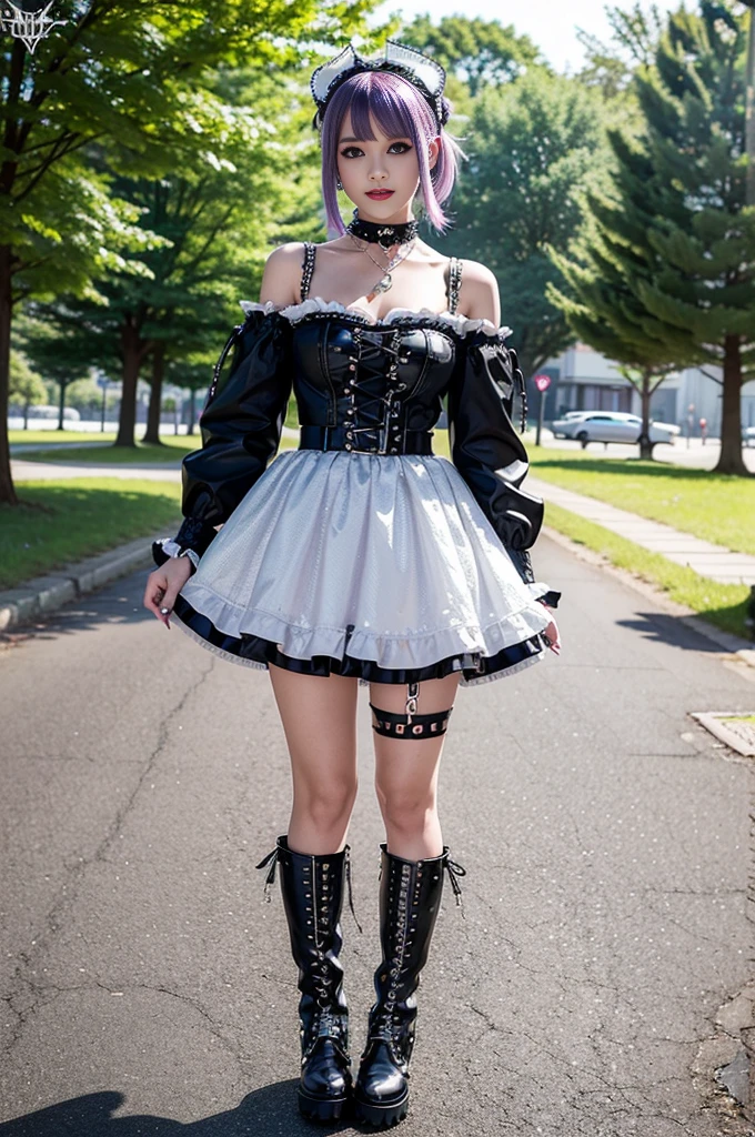 (nsfw), sexy stylish Swedish model, only 1 female, ((doll-like appearance)), short purple stylish hair, ((shiny Punk-Style boots)), (big smile), ultra detailed eyes, Punk makeup, lipgloss, ((sexy Punk Lolita cosplay)), unconventional skirt, petticoats, high neckline, ((ultra detailed lace)), ((ultra detailed embroidery)), intricate details, tartan patterns, (silver chains), (silver spikes), (safety pins), Punk Lolita accessoires, Punk Lolita choker, ((large sparkling Punk Lolita jewelry)), cinematic light, detailed large park background with trees