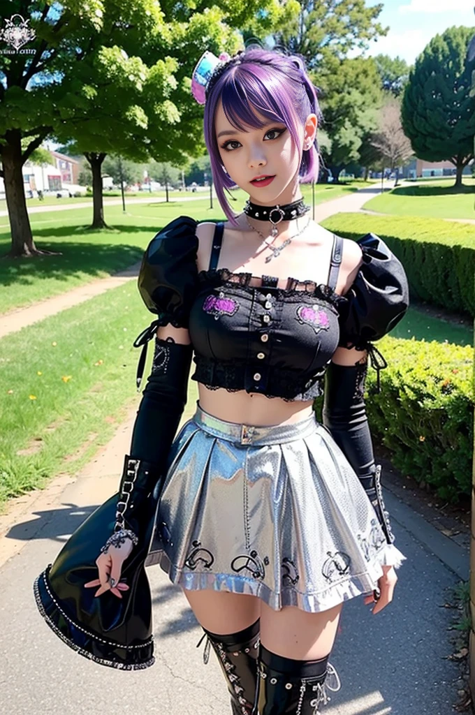 (nsfw), sexy stylish Swedish model, only 1 female, ((doll-like appearance)), short purple stylish hair, ((shiny Punk-Style boots)), (big smile), ultra detailed eyes, Punk makeup, lipgloss, ((sexy Punk ta cosplay)), unconventional skirt, petticoats, high neckline, ((ultra detailed lace)), ((ultra detailed embroidery)), intricate details, tartan patterns, (silver chains), (silver spikes), (safety pins), Punk Loliccessoires, Punk Lolita cr, ((large sparkling Punk Lolita jewel, cinematic light, detailed large park background with trees 