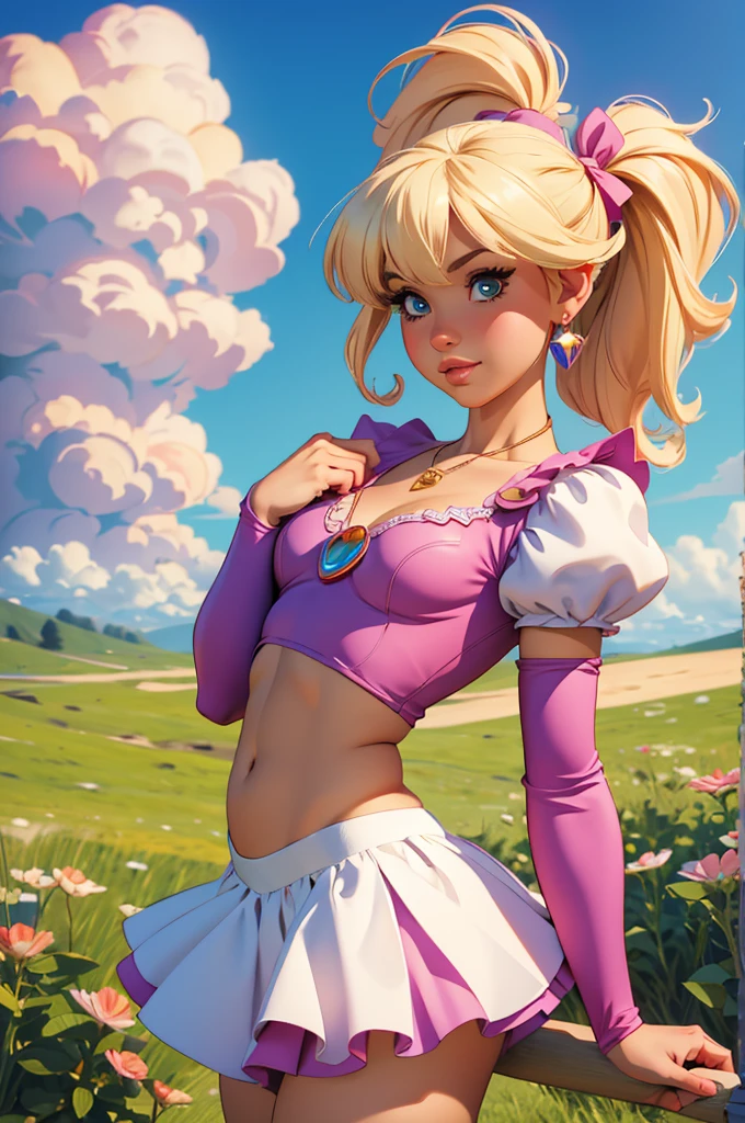 (best quality,4k,highres,ultra-detailed,realistic:1.2), woman, small breasts,short blond hair with a pigtail and bangs, flat abs, raimbow magical girl outfit, vêtements arc-en-ciel, magical girl cosplay, manga cosplay, super mario world, fantasy world, prairie, foret, , earrings , necklace out, fantasy manga