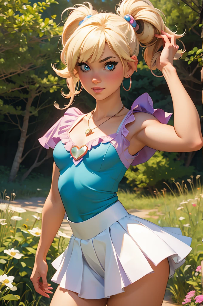 (best quality,4k,highres,ultra-detailed,realistic:1.2), woman, small breasts,short blond  hair with a pigtail and bangs,  flat abs, raimbow magical girl outfit, vêtements arc-en-ciel, magical girl cosplay, manga cosplay, super mario world, fantasy world, prairie, foret, , earrings , necklace out, fantasy manga