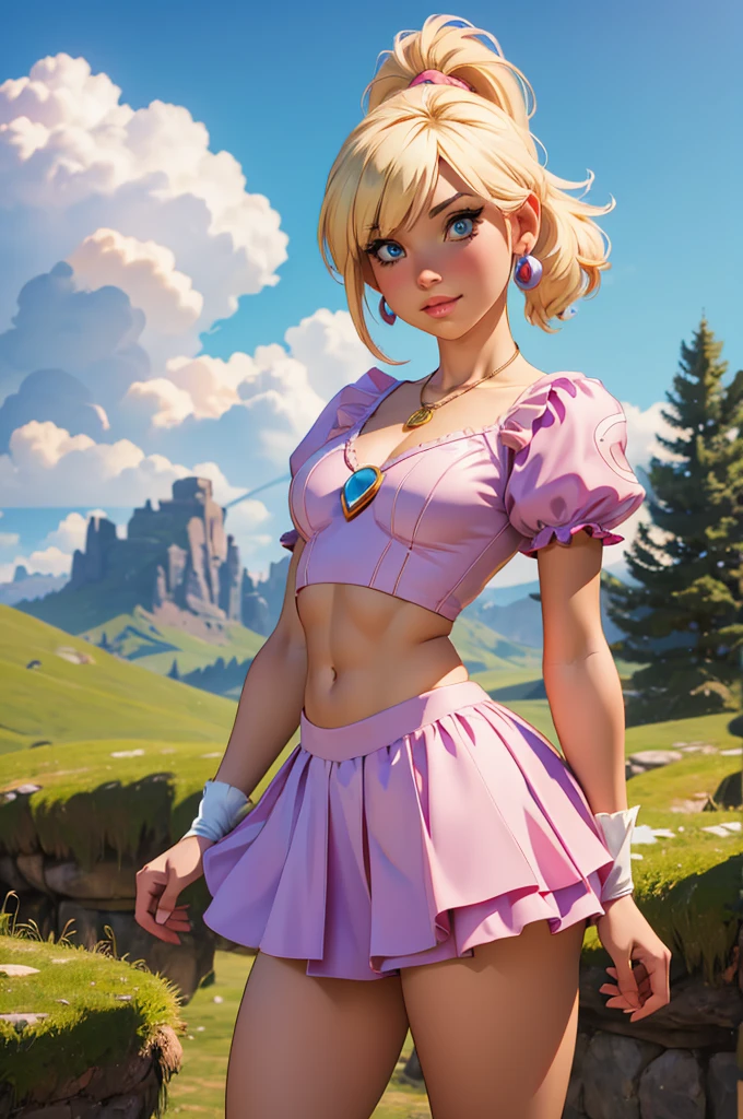 (best quality,4k,highres,ultra-detailed,realistic:1.2), woman, small breasts,short blond hair with a pigtail and bangs, flat abs, raimbow magical girl outfit, vêtements arc-en-ciel, magical girl cosplay, manga cosplay, super mario world, fantasy world, prairie, foret, , earrings , necklace out, fantasy manga