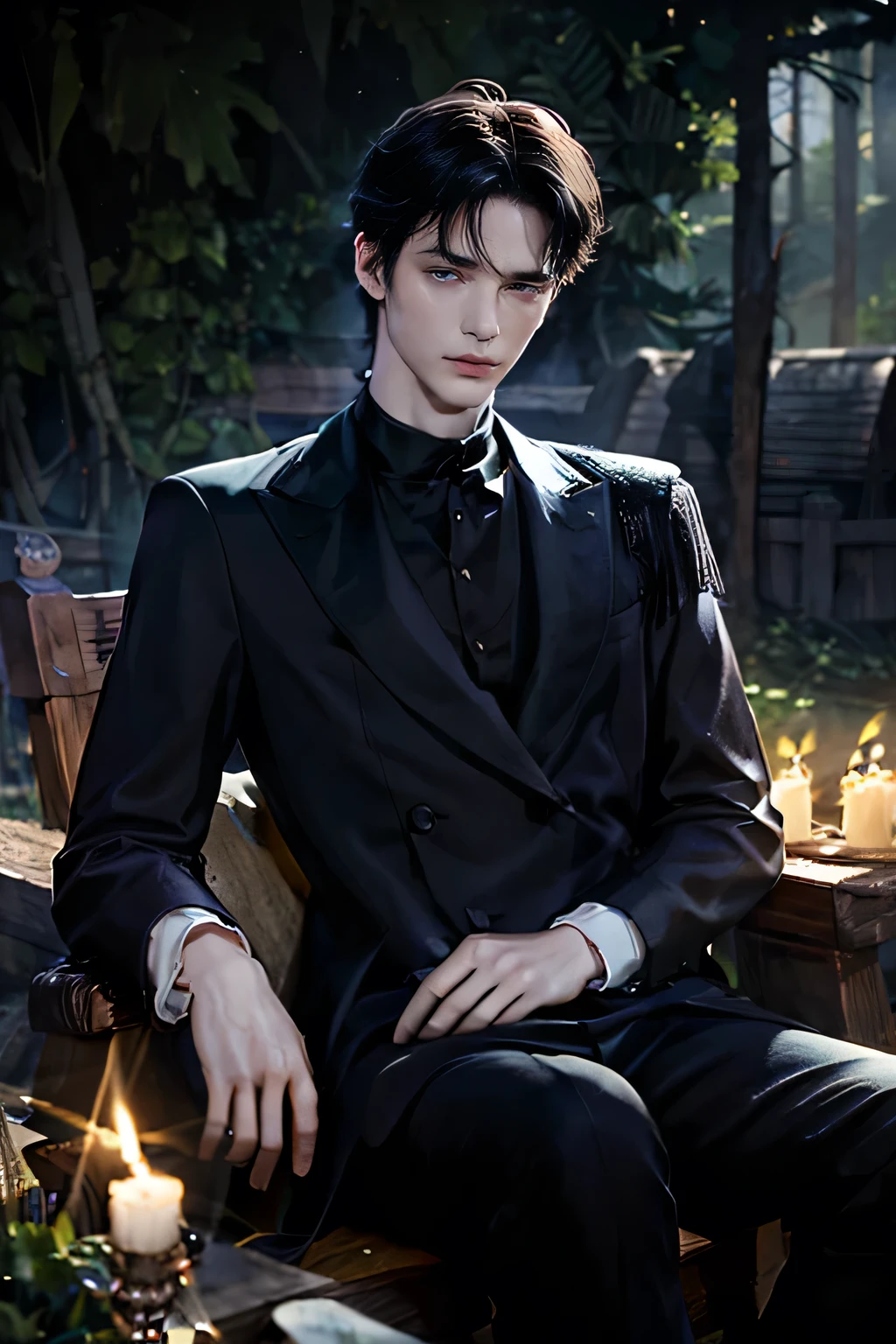 twilight, in the foreground is the face of a young man (18 years), Tom Riddle, Beautiful face (pale skin, high cheekbones, black hair), masterpiece, Highest quality; in the background there is a forest and an old wooden house