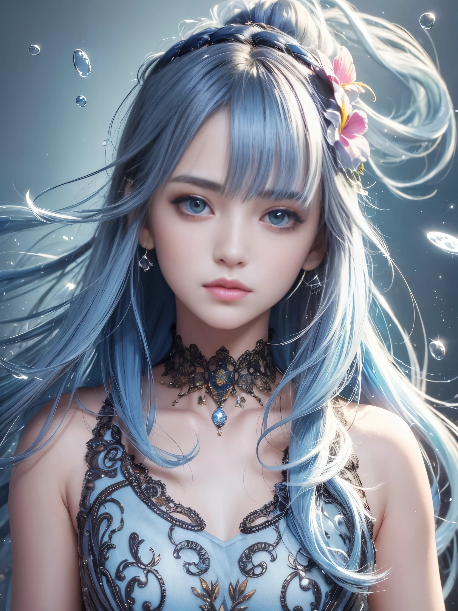 (masterpiece), (best quality), (ultra detailed),(disheveled hair),(illustration), (1girl), (Fashionable clothing), standing, Fashion model, looking at viewer, (interview), (simple background),beautiful detailed eyes, delicate beautiful face, Floating,(high saturation),(colorful splashes),colorful bubble,(shining), focus on face,  ponytail, light blue hair, bangs, hair ring, floating flowers, floating hairs, (shining), best lighting, best shadow,