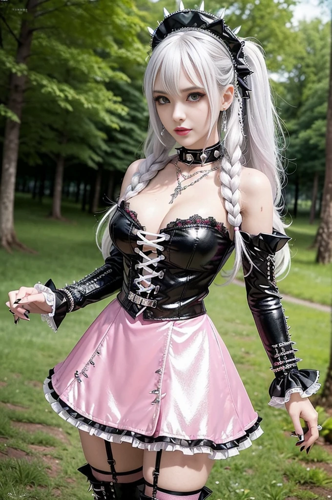 nsfw, sexy stylish Swedish model, only 1 female, ((doll-like appearance)), long neon pink stylish hair, ((shiny Punk-Style boots)), (big smile), ultra detailed eyes, Punk makeup, lipgloss, ((sexy Punk ta cosplay)), unconventional skirt, petticoats, high neckline, ((ultra detailed lace)), ((ultra detailed embroidery)), intricate details, tartan patterns, (silver chains), (silver spikes), (safety pins), Punk Loliccessoires, Punk Lolita cr, ((large sparkling Punk Lolita jewel, cinematic light, detailed large park background with trees