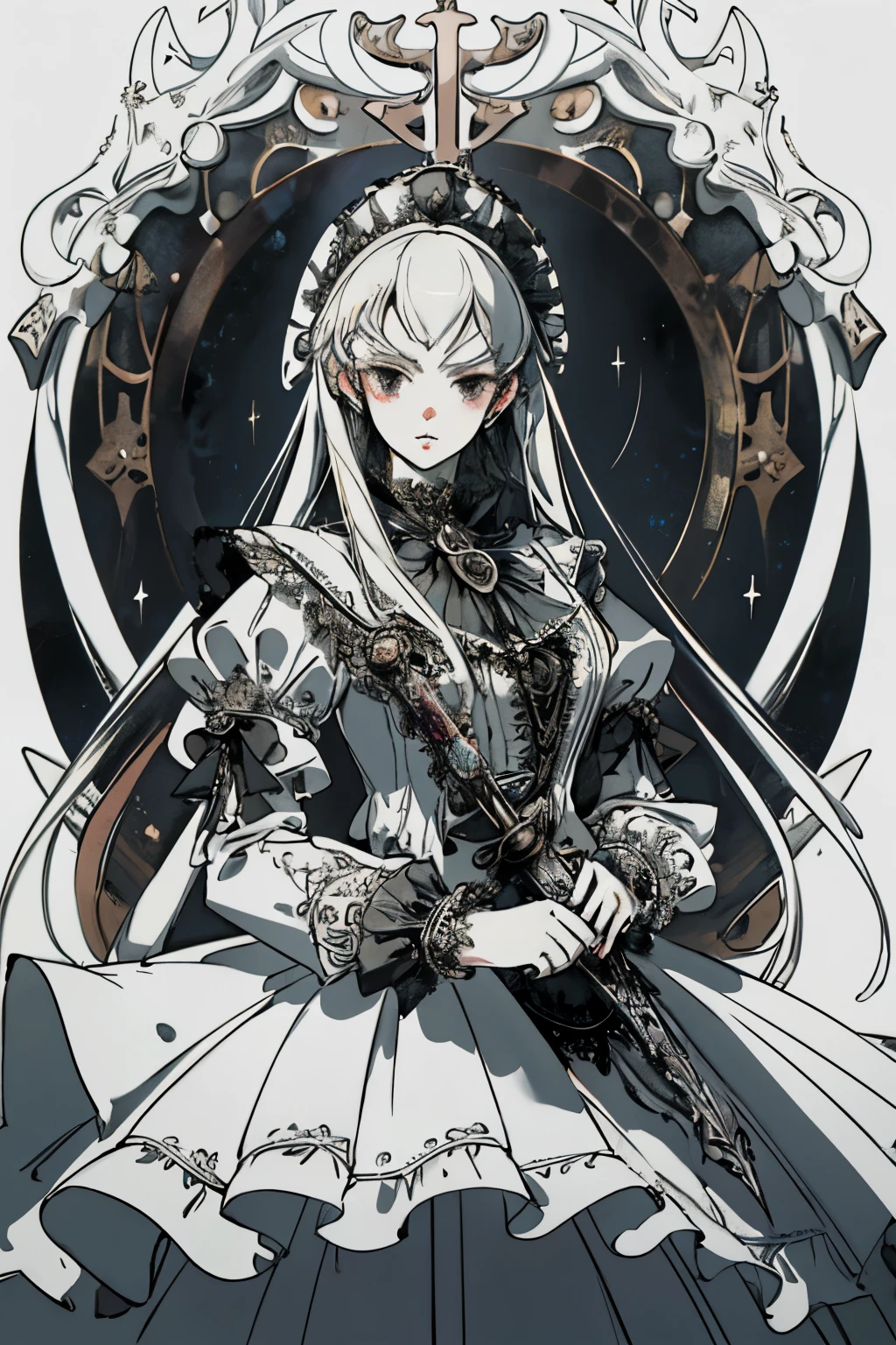 ((best quality)), ((masterpiece)), (detailed), perfect face ((best quality)), ((masterpiece)), (detailed), blank white background, plain background, white background, Bloodborne inspired, occult aesthetic, occult, detailed and intricate steampunk and detailed gothic, (zentangle, mandala, tangle, entangle), NSFW, torn clothing, Very dramatic and cinematic lighting, cosmic horror, grim-dark, side-lighting, perfect face, a beautiful goddess adorned and enshrined in armour, Bloodborne inspired , occult aesthetic , occult , detailed and intricate steampunk and detailed gothic , wielding a sword and holding a shield, NSFW, Fluttering lace flared short dress with frilly petticoats, knee length dress, pleated petticoats, lolita dress, petticoats gothic lolita, side-lighting, gothic lolita aesthetic, beautiful small breasts, small breasts, full body, whole body, body, plain background, white background, blank background, no background, white background NSFW, full body, whole body, head-to-toe