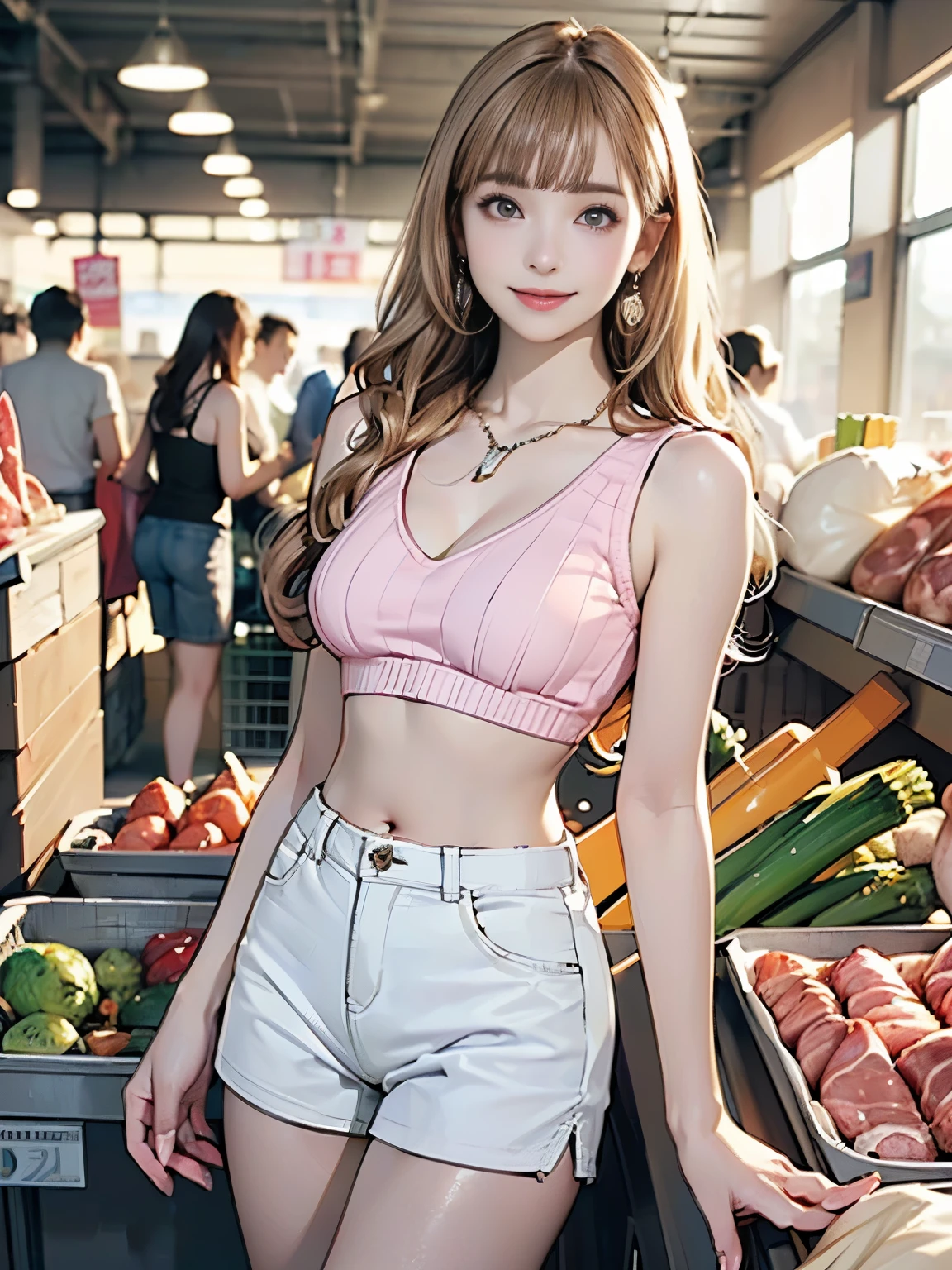 ((((highest quality))))、(((Ultra-precision CG16K wallpaper)))、(((masterpiece)))、(((Super detailed)))、(((Extreme detail)))、((1Mature 29 year old woman:1.6))、((Very beautiful Japanese faces))、((vegetable々Introduction:1.5))、((Straight one-length semi-long hair、blunt bangs:1.5))、((Shiny Blonde:1.5))、Beautiful delicate eyes、Brown Eyes、eyeliner、Eyeshadow、High nose、Small nostrils、Small Mouth、Seductive lips、Beautiful breasts、((C cup size breasts))、Cleavage、Beautiful feet、eight-headed body、Perfect proportions、Perfect Anatomy、Perfect composition、Beautiful detailed shading、Beautiful, natural lighting、Beautiful detail glow、Depth of written boundary、(((High chroma)))、(((Real:1.9)))、((vivid:1.5))、((Beautiful Skin))、((Skin Texture))、((Realな皮膚感))、(((Cowboy Shot:1.6)))、((front view、shoot from front、Front low angle:1.6))、(((smile:1.6)))、((The woman is looking at this、looking at viewer、Facing forward:1.6))、Bright daylight、Natural light、(((Inside the supermarket、Meat section:1.5)))、(Walking Pose:1.6)、(((Pink cropped rib knit tank top、White low-rise short pants:1.6)))、((Earrings、Wearing a necklace:1.5))、((Knee-high socks:1.4))、