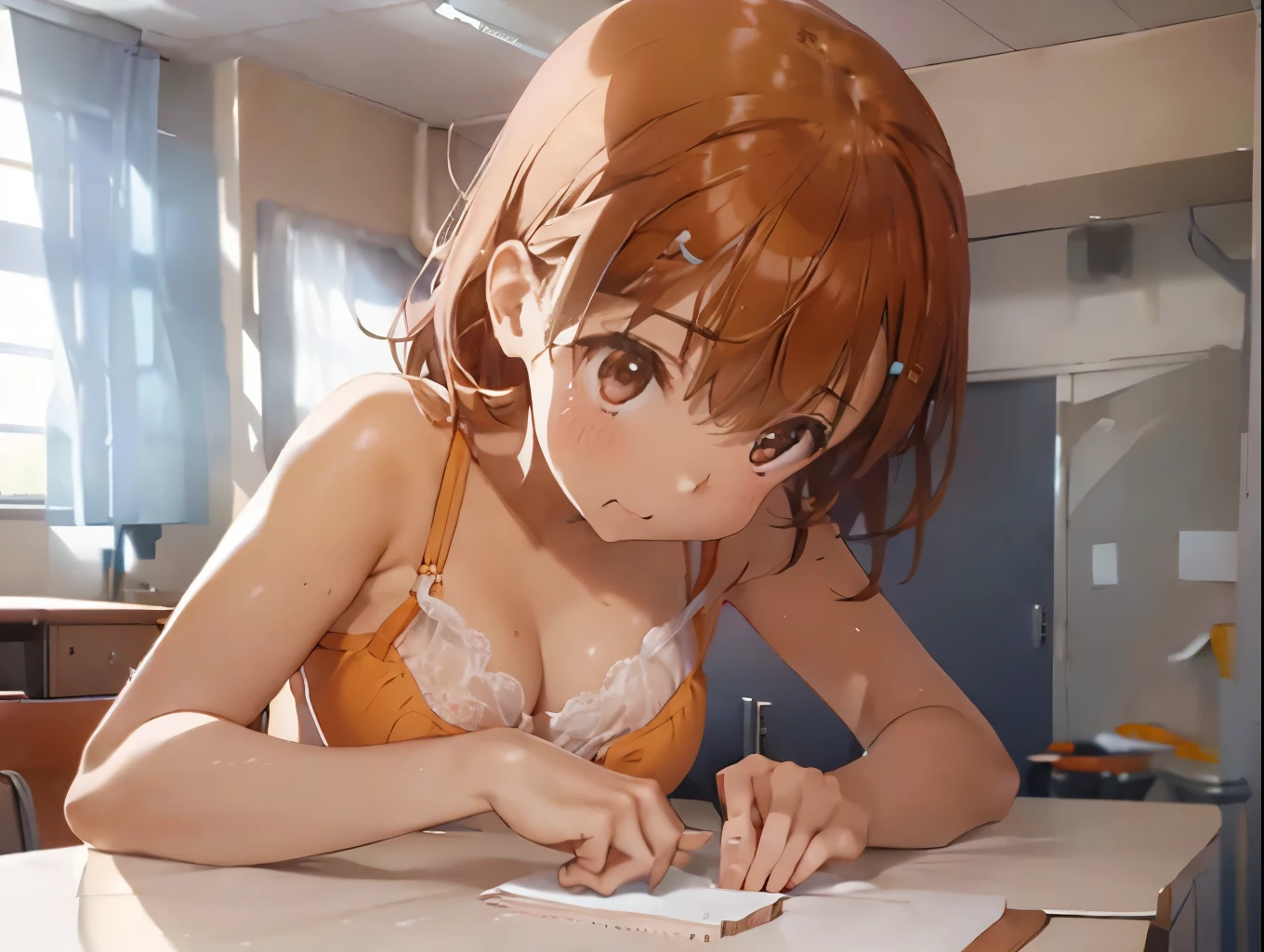 classroom、on the desk、A cute light orange bra、A cute white thong showing through a cute light orange mini skirt、barefoot、Raw milk、Beautiful breasts、Girl peeing during orgasm、