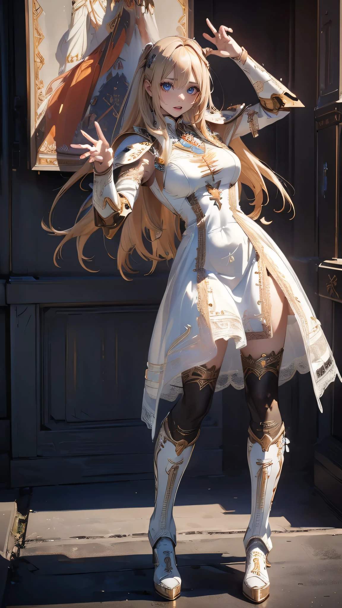 (random fighting pose:1.5),(Cinematic scene,Fantasy Art,Highest image quality,(8K),Ultra-realistic,Best Quality,High quality,High Definition,high quality texture,high detailing,Beautiful detailed,fine detailed,extremely details CG,Detailed texture,realistic representation of face,masterpiece,presence,Dynamic,Bold),1gir,Ultra detailed skin,Curve,,Beautiful breasts,Large breasts,pale skin,pointed breast,Erect nipples,(Thin hair),(Soft hair),(Ultra straight hair),Swept long bangs,Extra bright coppery amber hair,Hair over one eye,(leather boots,(asymmetrical mecha armor),(long embroidered white lace dress,see through:1.2))