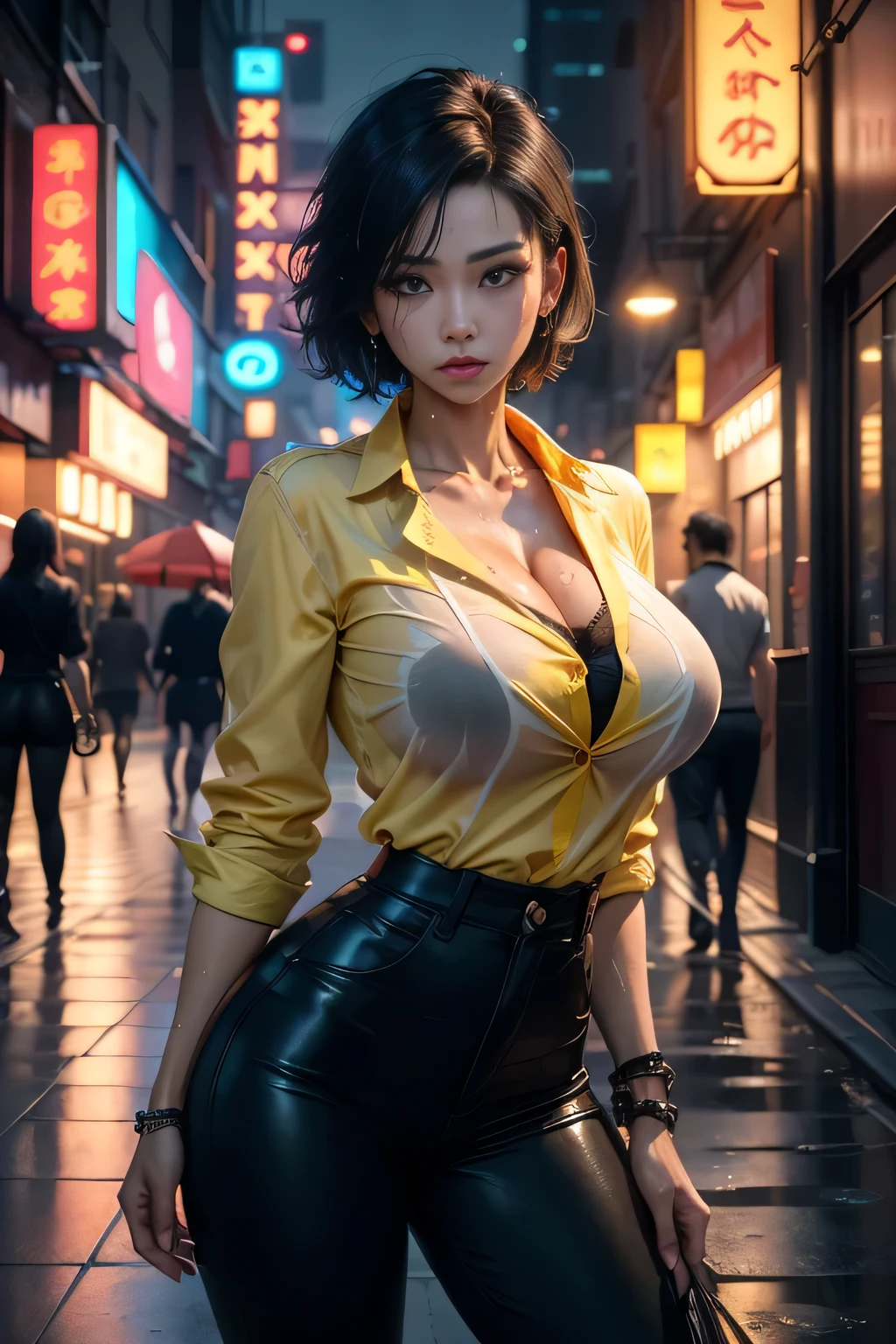 sfw, Outdoors, black mature woman, wearing yellow and red floral shirt, wearing black dress pants, blue eyes, glowing eyes, short hair, grey skin, club environment, night, blue neon signs, 8k, Unreal engine, highly detailed, photorealistic, wet clothes, dripping wet、 wearing bra,((skinny waist)), young asian girl, ((big breasted)),