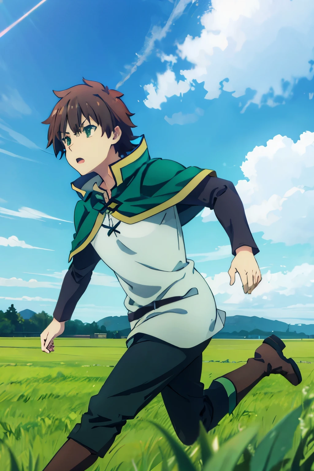 Kazuma Satou, brown hair, green eyes, green cape, capelet, boots, black pant, angry, running in grass field, sideview