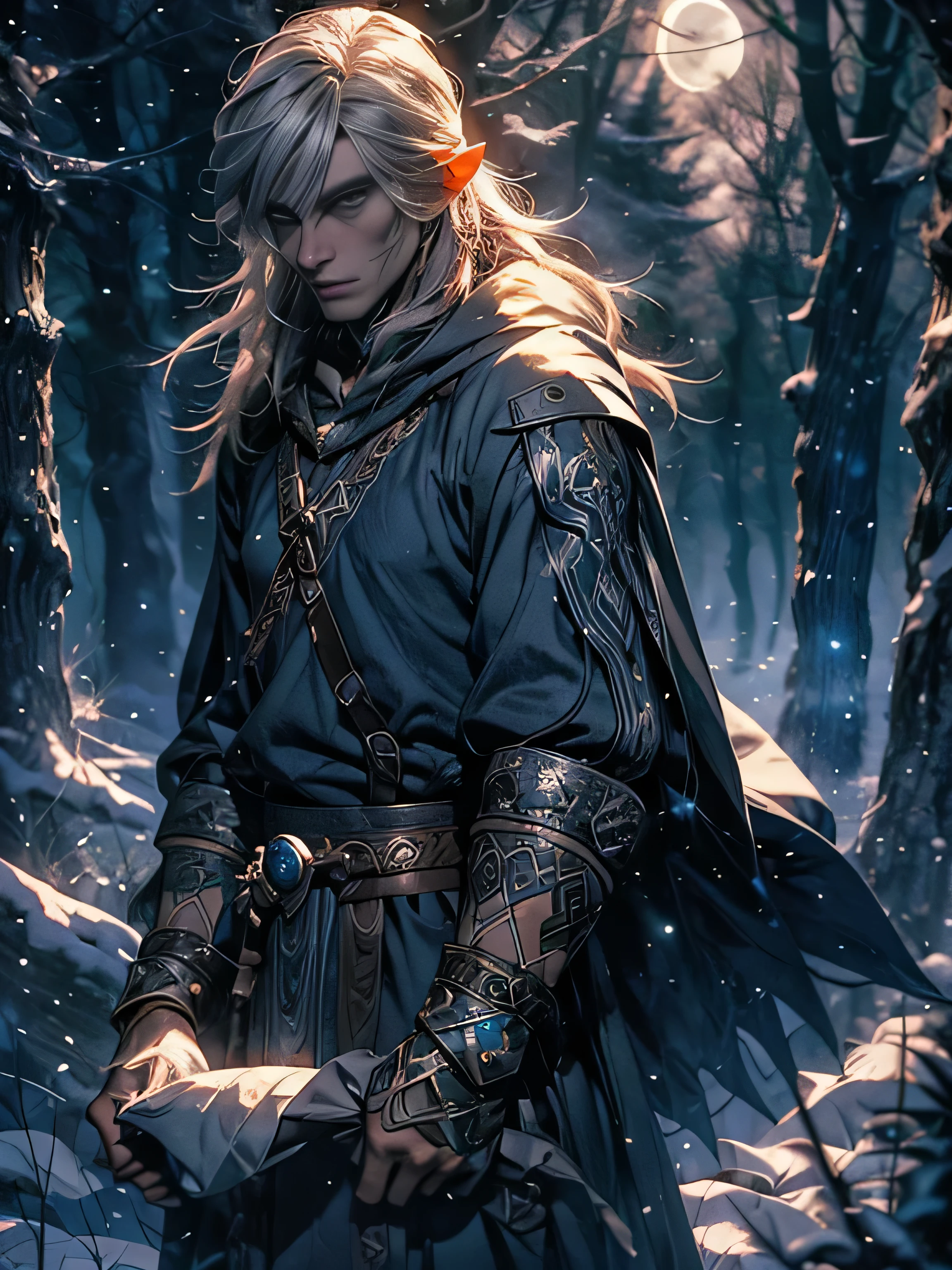 Эльф Man, wearing mage robes, silver hair, dragon scales on face, ghost, walk in the moonlight, night sky, full moon, realistic, Full HD, Best quality, Man, silver hair, Blue eyes