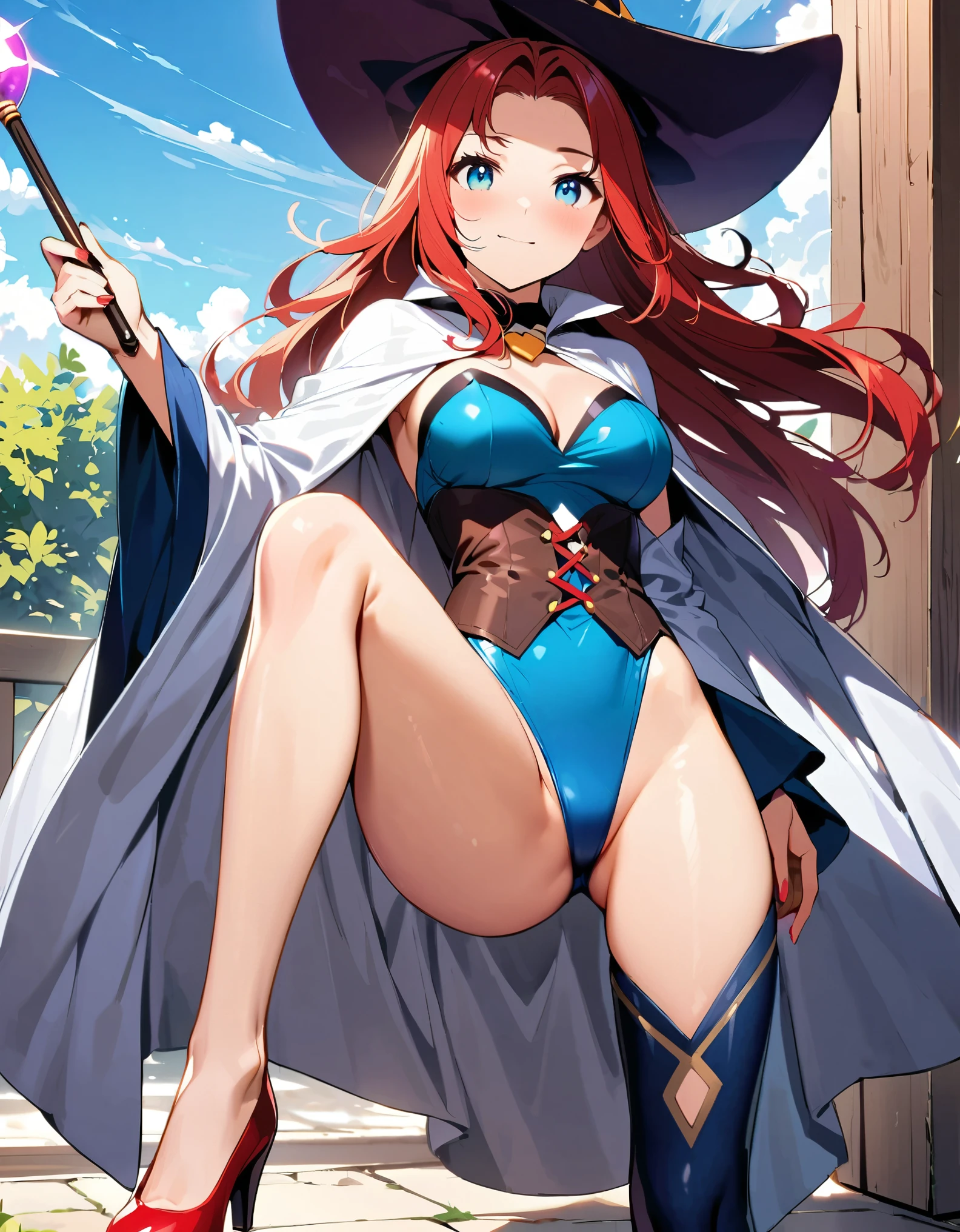 1girl, high school student, superhero, holding wand, superhero sorceress witch, sky witch, leotard, blue leotard with white accents, bare legs, blue thigh-highs, red high heels, witch hat, red hair, long hair, blue eyes, beautiful detailed eyes, beautiful detailed face, cute face, medium breasts, age 16-18, solo, solo focus, wonder