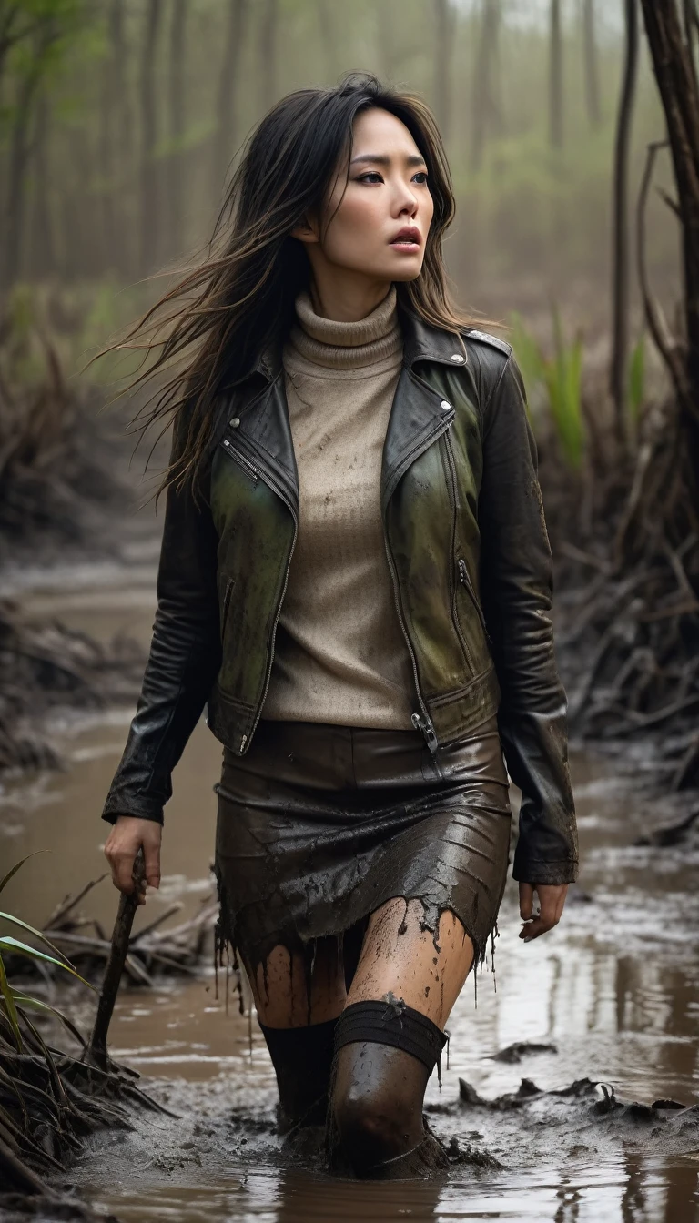 from side view, a woman struggling in a muddy swamp, depraved expression, long messy brunette hair, asian, stockings, muddy pencil skirt, muddy leather jacket, muddy beige turtleneck sweater, mature, (best quality,4k,8k,highres,masterpiece:1.2),ultra-detailed,(realistic,photorealistic,photo-realistic:1.37),dark moody lighting,dramatic shadows,gritty horror style, vegetation, green, orange,