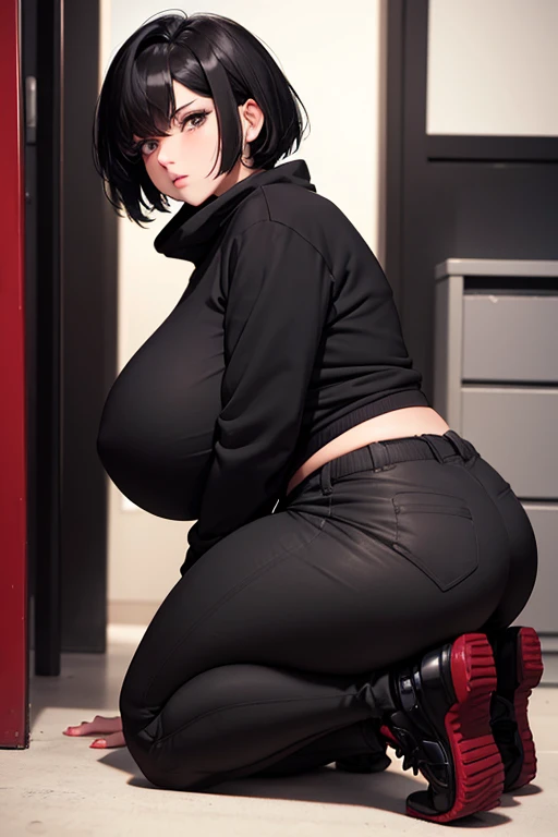 Mommy short black hair huge with very big and huge breasts wearing a red sweatshirt and tactical pants cold expressionless look with huge culottes on all fours