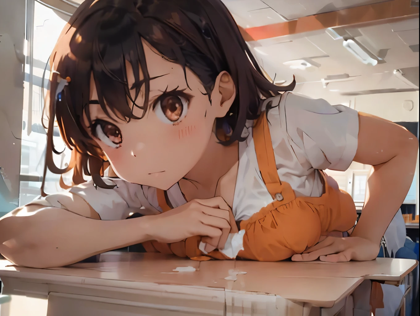 classroom、on the desk、A cute light orange bra、A cute white thong showing through a cute light orange mini skirt、barefoot、Raw milk、Beautiful breasts、Girl peeing during orgasm、