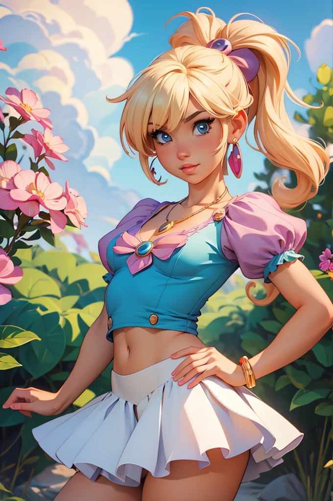 (best quality,4k,highres,ultra-detailed,realistic:1.2), woman, small breasts,short blond hair with a pigtail and bangs, flat abs, raimbow magical girl outfit, vêtements arc-en-ciel, magical girl cosplay, manga cosplay, super mario world, fantasy world, prairie, foret, , earrings , necklace out, fantasy manga