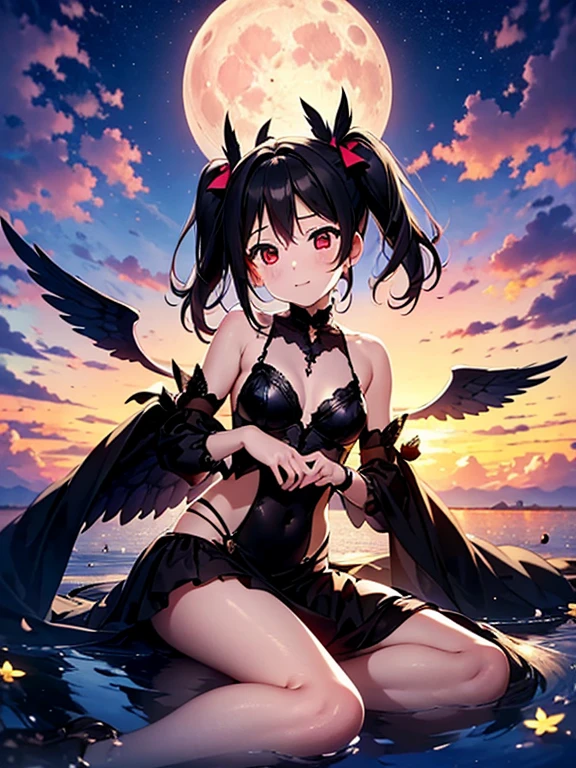 bad angel girl, niko、Nico Yazawa、Clouds at your feet、above the clouds、Beautiful night sky, fascinating look,moon、 fallen angel black costume、Big black wings、its wings are black、Towards the sky_splatters、floating