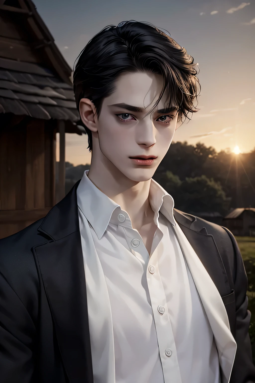 twilight, in the foreground is the face of a young man (18 years), Tom Riddle, Beautiful face (pale skin, high cheekbones, black hair), masterpiece, Highest quality; in the background there is a forest and an old wooden house